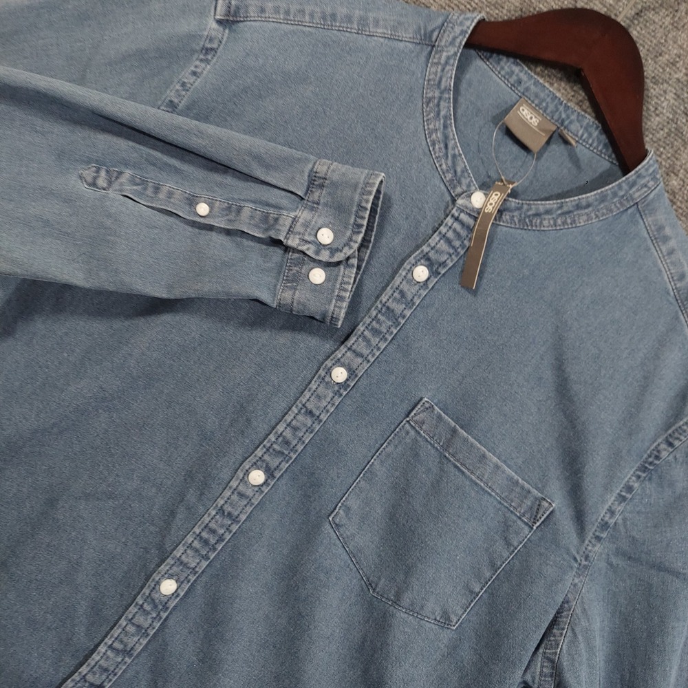 ASOS Denim Shirt Mens 2XL Blue Grandad Blade Collar Long Sleeve Retro